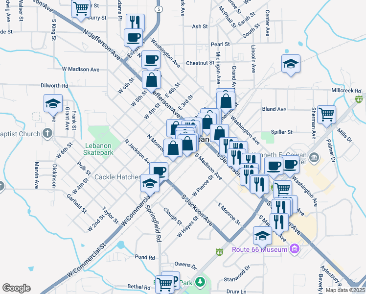map of restaurants, bars, coffee shops, grocery stores, and more near 105 North Madison Avenue in Lebanon