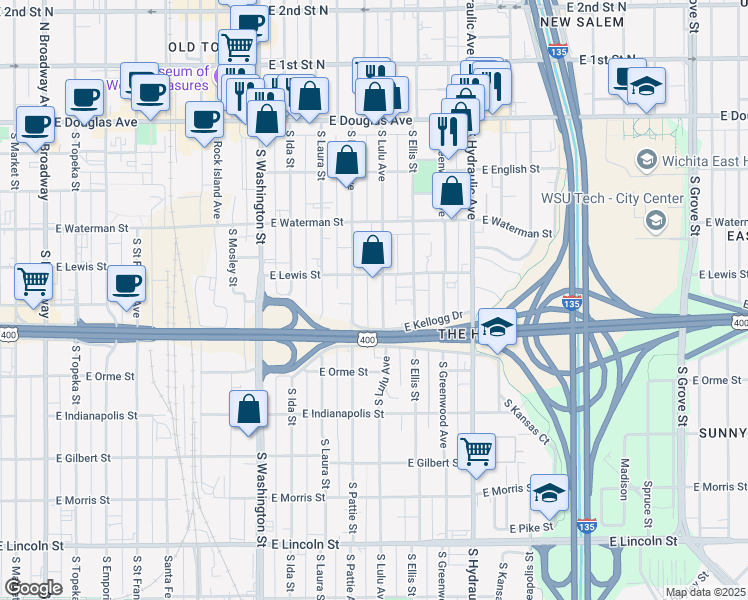 map of restaurants, bars, coffee shops, grocery stores, and more near 421 South Lulu Street in Wichita