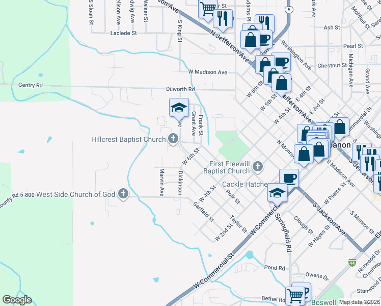 map of restaurants, bars, coffee shops, grocery stores, and more near 610 Polk Street in Lebanon