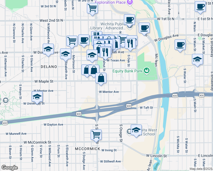 map of restaurants, bars, coffee shops, grocery stores, and more near 405 South Walnut Street in Wichita