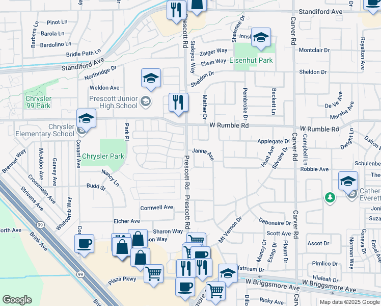 map of restaurants, bars, coffee shops, grocery stores, and more near 2616 Chester Drive in Modesto