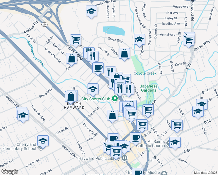 map of restaurants, bars, coffee shops, grocery stores, and more near 1172 Rex Road in Hayward