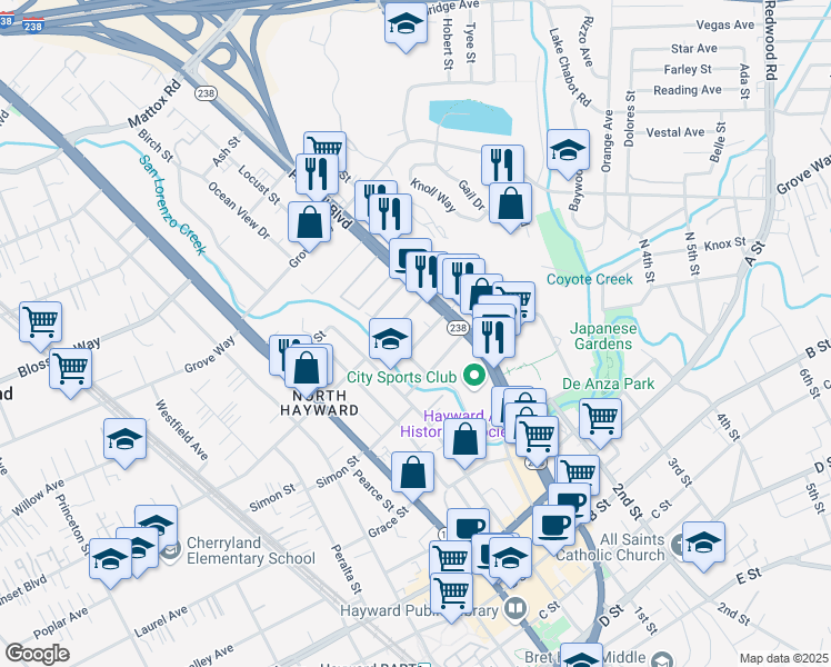 map of restaurants, bars, coffee shops, grocery stores, and more near 1111 Oakview Avenue in Hayward