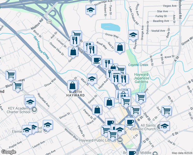 map of restaurants, bars, coffee shops, grocery stores, and more near 1111 Oakview Avenue in Hayward
