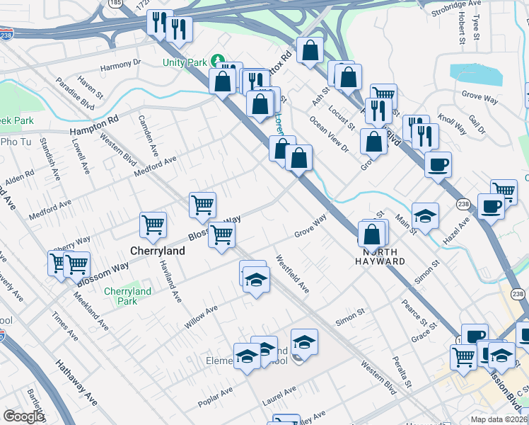 map of restaurants, bars, coffee shops, grocery stores, and more near 849 Blossom Way in Hayward