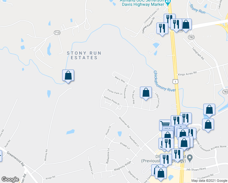 map of restaurants, bars, coffee shops, grocery stores, and more near 10814 Porter Park Lane in Glen Allen