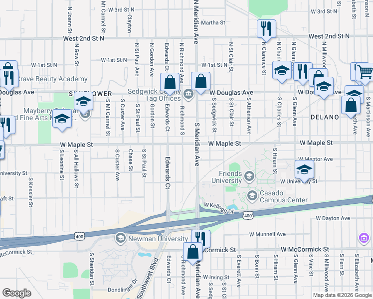 map of restaurants, bars, coffee shops, grocery stores, and more near 411 Richmond South in Wichita