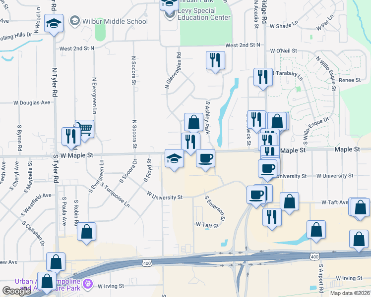 map of restaurants, bars, coffee shops, grocery stores, and more near 7484-7660 West Maple Street in Wichita