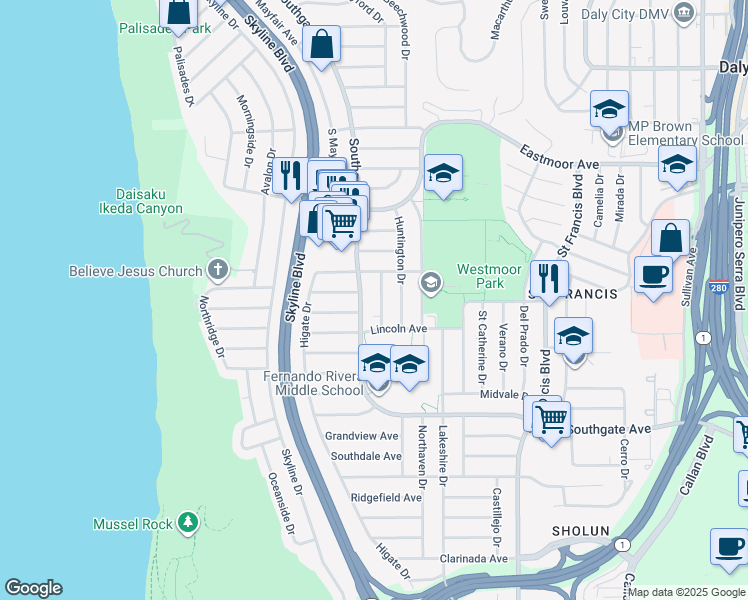 map of restaurants, bars, coffee shops, grocery stores, and more near in Broadmoor