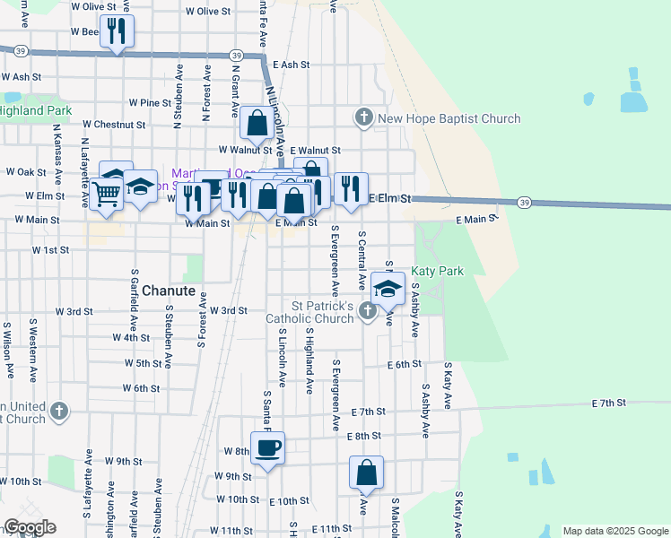 map of restaurants, bars, coffee shops, grocery stores, and more near East 2nd Street in Chanute