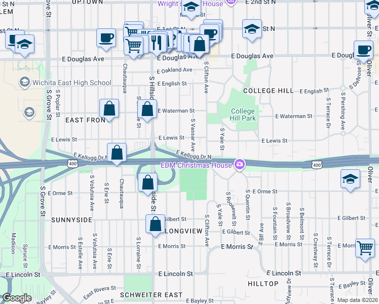 map of restaurants, bars, coffee shops, grocery stores, and more near 431 S Vassar St in Wichita