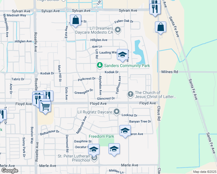 map of restaurants, bars, coffee shops, grocery stores, and more near 3616 Northern Dancer Drive in Modesto