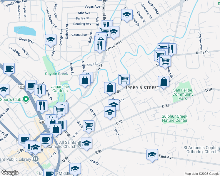 map of restaurants, bars, coffee shops, grocery stores, and more near 22574 6th Street in Hayward