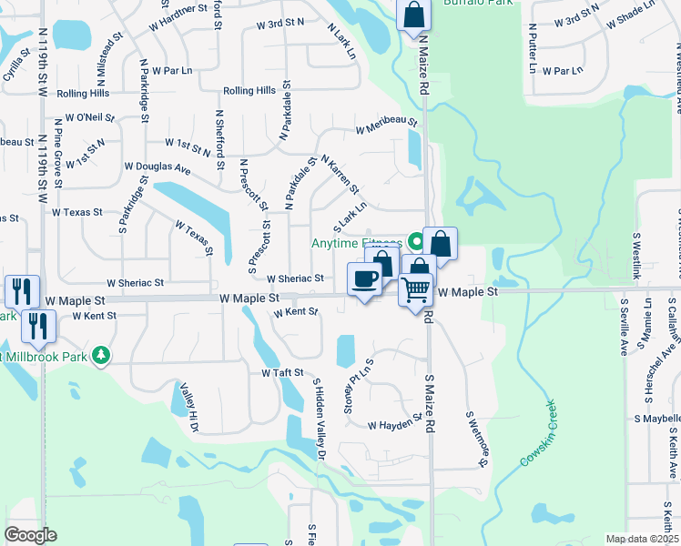 map of restaurants, bars, coffee shops, grocery stores, and more near 232 South Lark Lane in Wichita