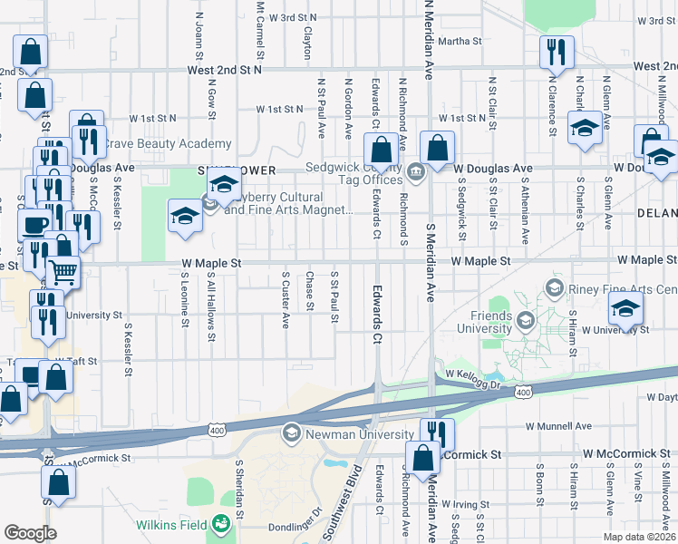 map of restaurants, bars, coffee shops, grocery stores, and more near 316 Saint Paul South Street in Wichita