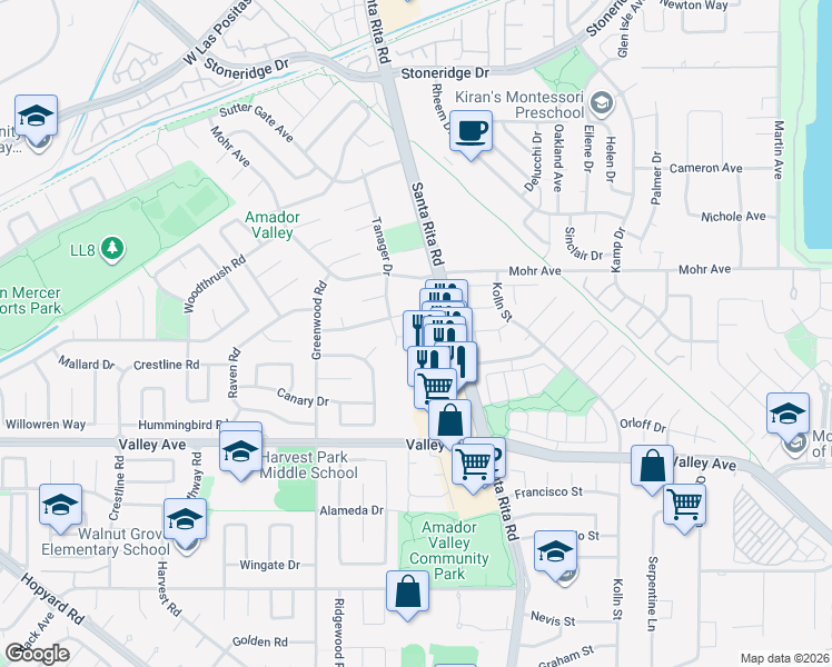 map of restaurants, bars, coffee shops, grocery stores, and more near 2115 Tanager Court in Pleasanton