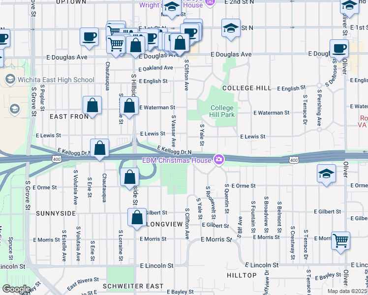 map of restaurants, bars, coffee shops, grocery stores, and more near 431 South Clifton Avenue in Wichita