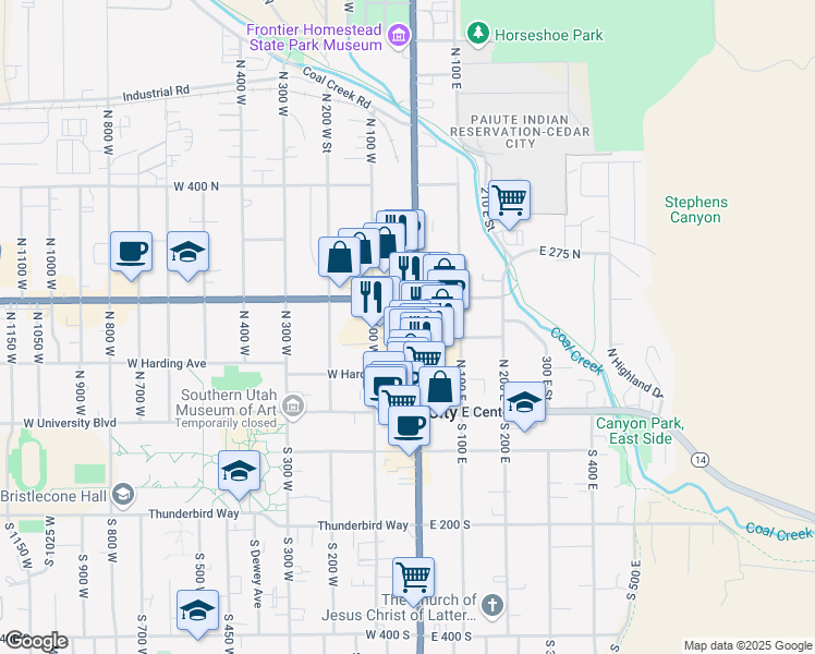 map of restaurants, bars, coffee shops, grocery stores, and more near 155 North Main Street in Cedar City