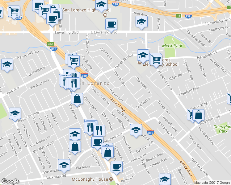 map of restaurants, bars, coffee shops, grocery stores, and more near 16150 Via Arroyo in San Lorenzo