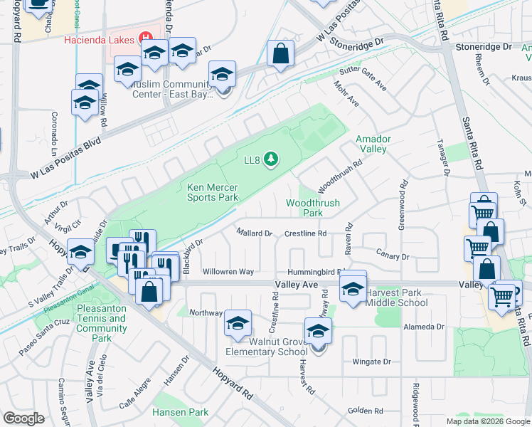 map of restaurants, bars, coffee shops, grocery stores, and more near 2603 Gapwall Court in Pleasanton