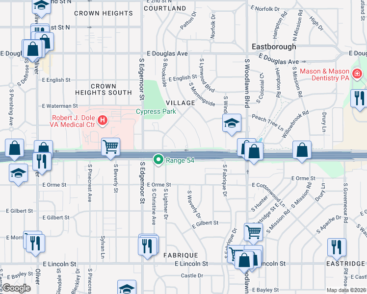 map of restaurants, bars, coffee shops, grocery stores, and more near 445 South Waverly Street in Wichita