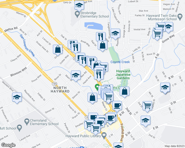 map of restaurants, bars, coffee shops, grocery stores, and more near Foothill Blvd & Hazel Ave in Hayward