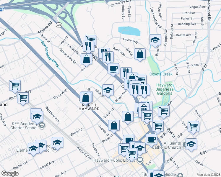 map of restaurants, bars, coffee shops, grocery stores, and more near 1115 Oakview Avenue in Hayward