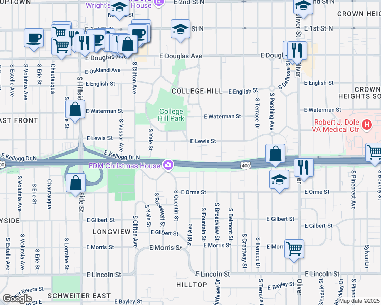 map of restaurants, bars, coffee shops, grocery stores, and more near 420 South Bluff Street in Wichita