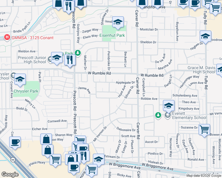 map of restaurants, bars, coffee shops, grocery stores, and more near 2704 Marjorie Drive in Modesto