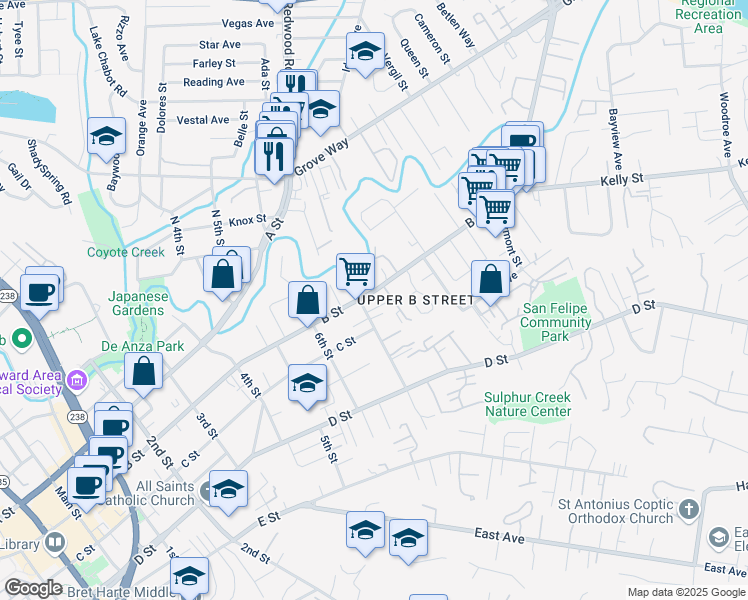 map of restaurants, bars, coffee shops, grocery stores, and more near 1711 B Street in Hayward
