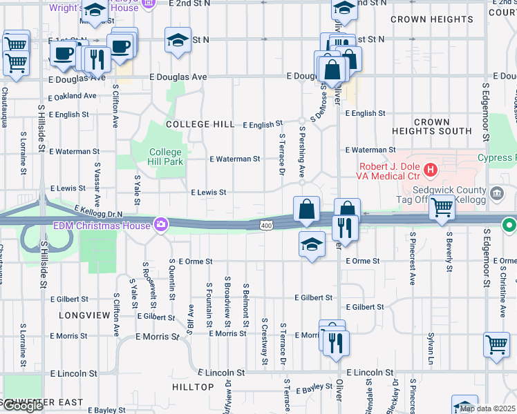 map of restaurants, bars, coffee shops, grocery stores, and more near 423 South Crestway Street in Wichita