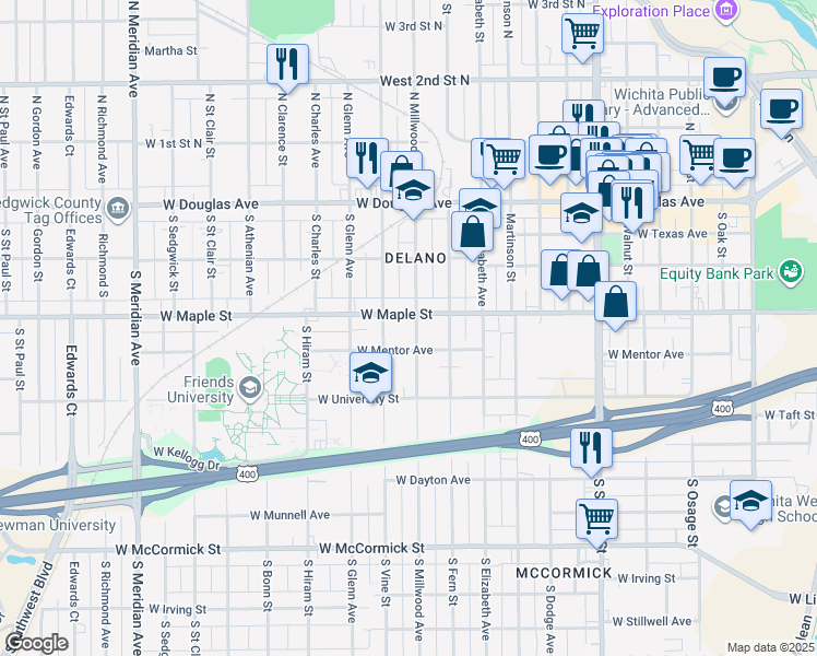 map of restaurants, bars, coffee shops, grocery stores, and more near 411 South Millwood Avenue in Wichita