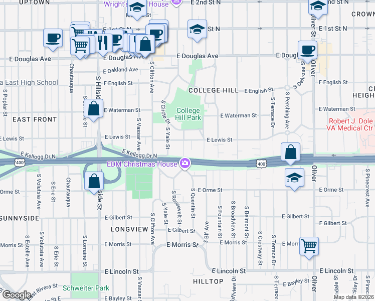 map of restaurants, bars, coffee shops, grocery stores, and more near 422 South Roosevelt Street in Wichita