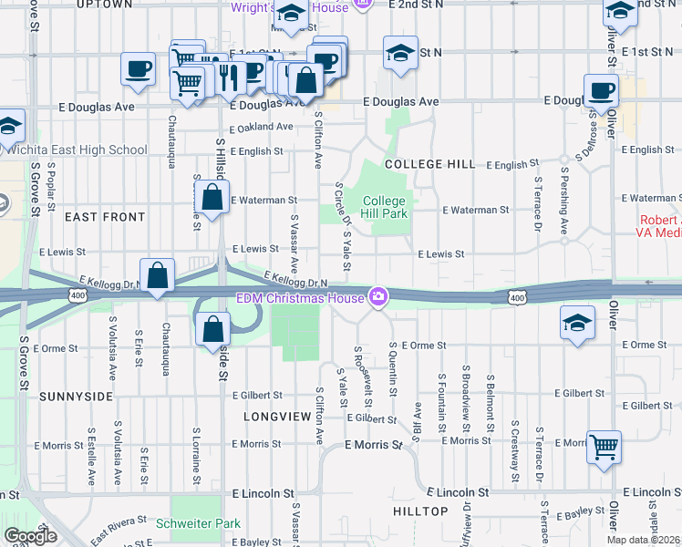 map of restaurants, bars, coffee shops, grocery stores, and more near 421 South Yale Street in Wichita