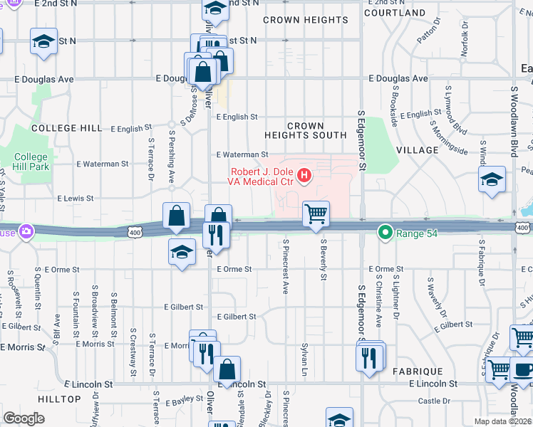 map of restaurants, bars, coffee shops, grocery stores, and more near 5200 East Kellogg Drive North in Wichita