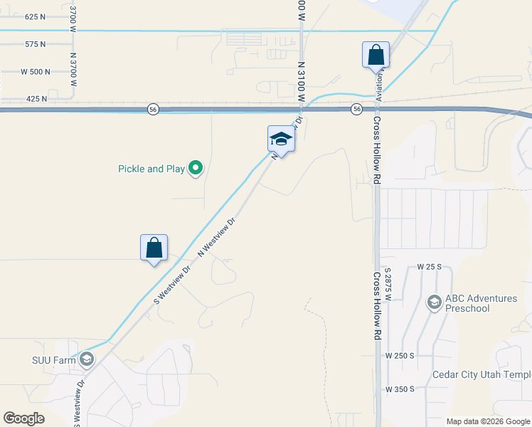 map of restaurants, bars, coffee shops, grocery stores, and more near 106 North Westview Drive in Cedar City
