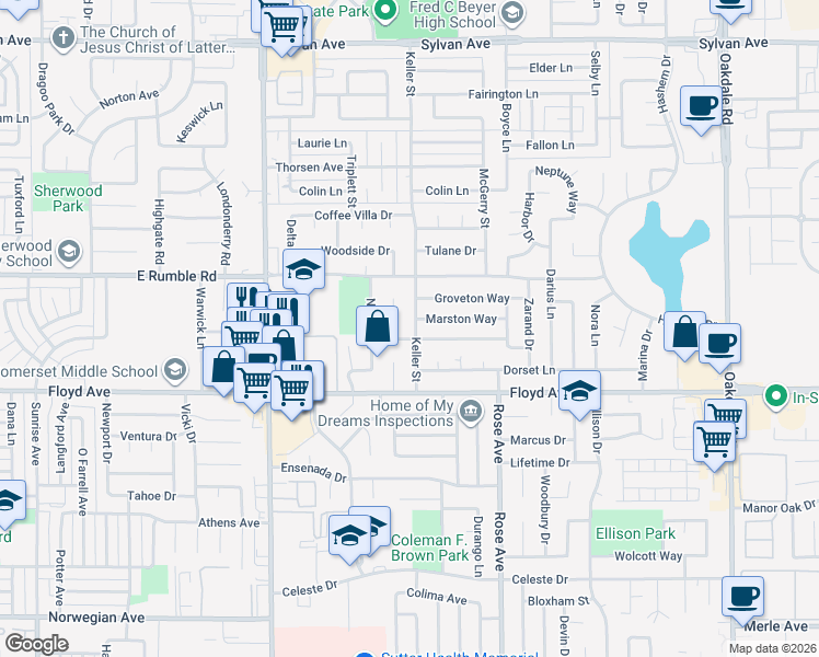 map of restaurants, bars, coffee shops, grocery stores, and more near 2805 Keller Street in Modesto