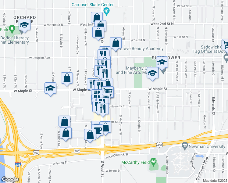 map of restaurants, bars, coffee shops, grocery stores, and more near 3825 West Maple Street in Wichita