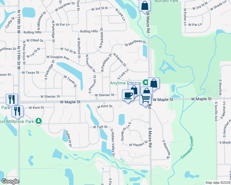 map of restaurants, bars, coffee shops, grocery stores, and more near 232 South Lark Lane in Wichita