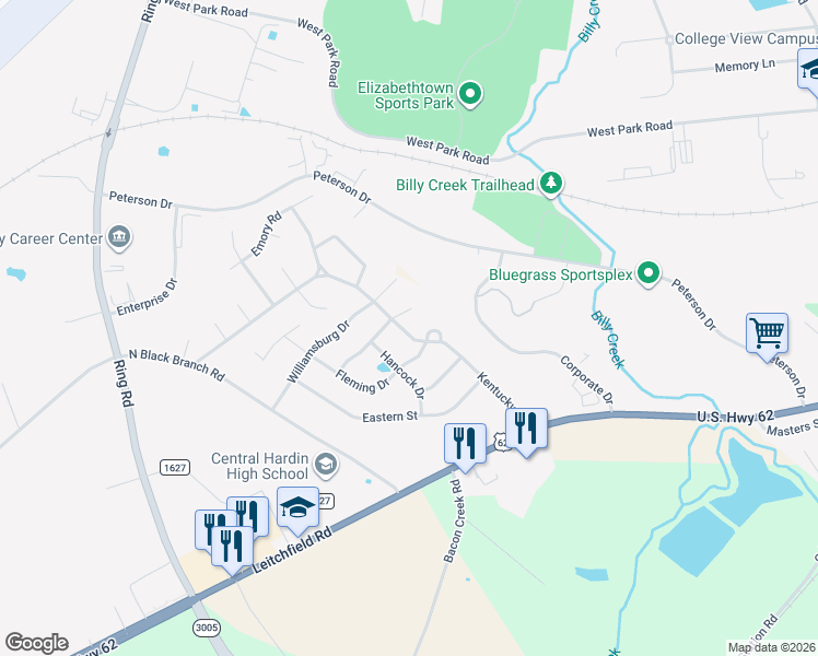 map of restaurants, bars, coffee shops, grocery stores, and more near 325 Kentucky Drive in Elizabethtown