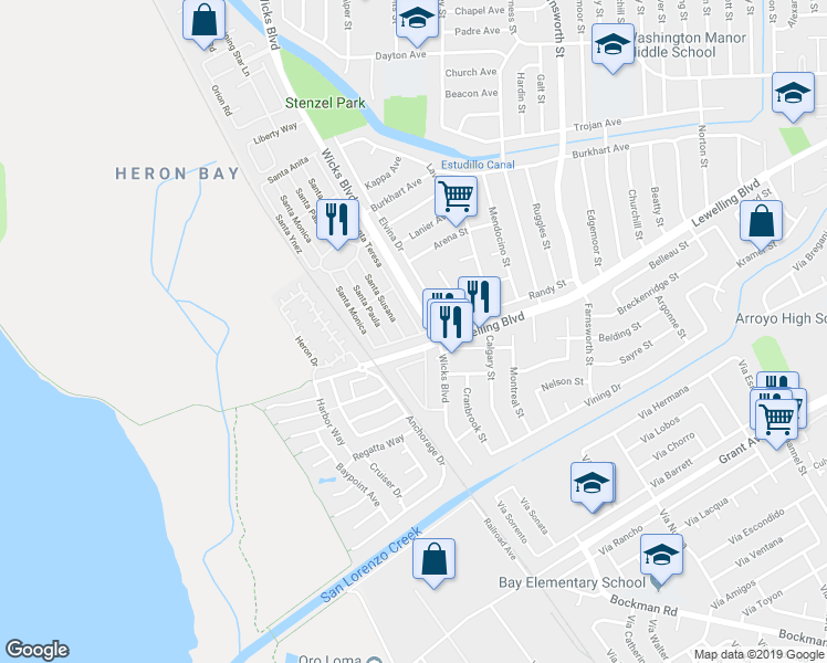 map of restaurants, bars, coffee shops, grocery stores, and more near 192 Santa Teresa in San Leandro