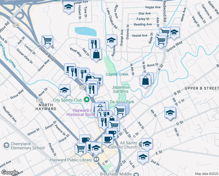 map of restaurants, bars, coffee shops, grocery stores, and more near 22282 City Center Drive in Hayward