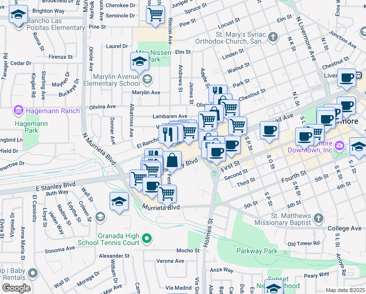 map of restaurants, bars, coffee shops, grocery stores, and more near 1122 East Stanley Boulevard in Livermore