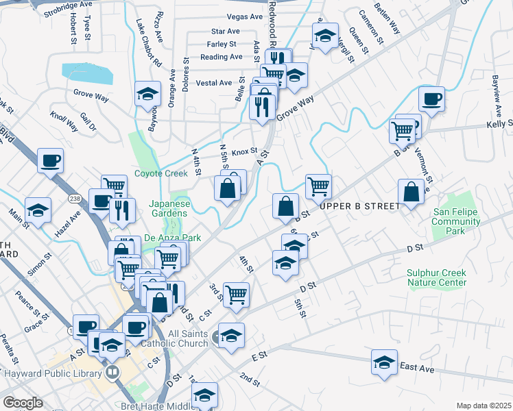 map of restaurants, bars, coffee shops, grocery stores, and more near 1528 Stafford Avenue in Hayward