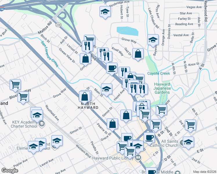 map of restaurants, bars, coffee shops, grocery stores, and more near 1111 Oakview Avenue in Hayward
