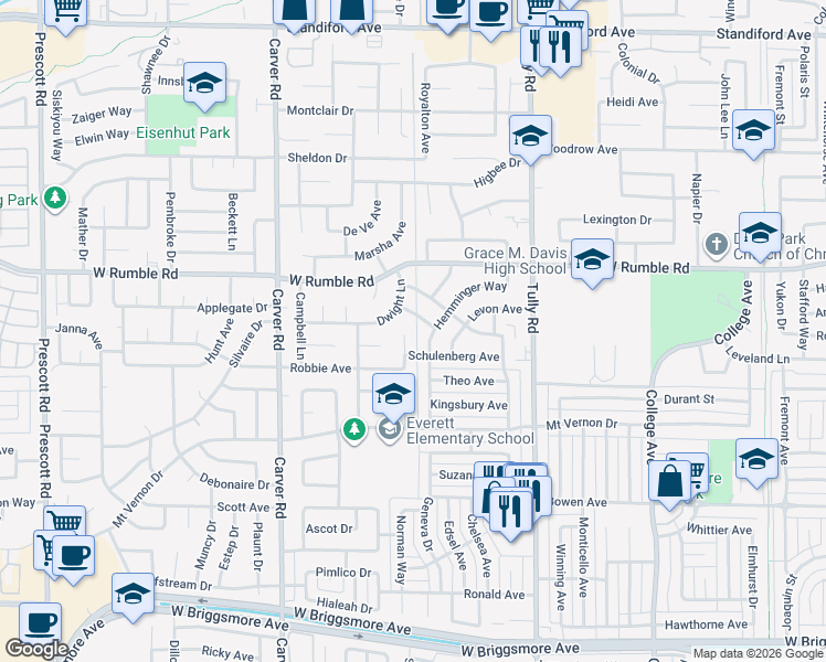 map of restaurants, bars, coffee shops, grocery stores, and more near 2704 Rockwood Place in Modesto