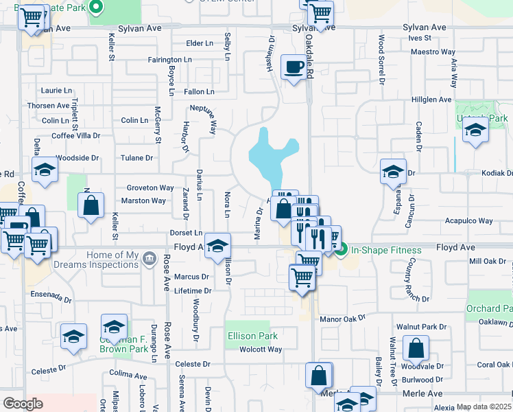 map of restaurants, bars, coffee shops, grocery stores, and more near 2725 Marina Drive in Modesto