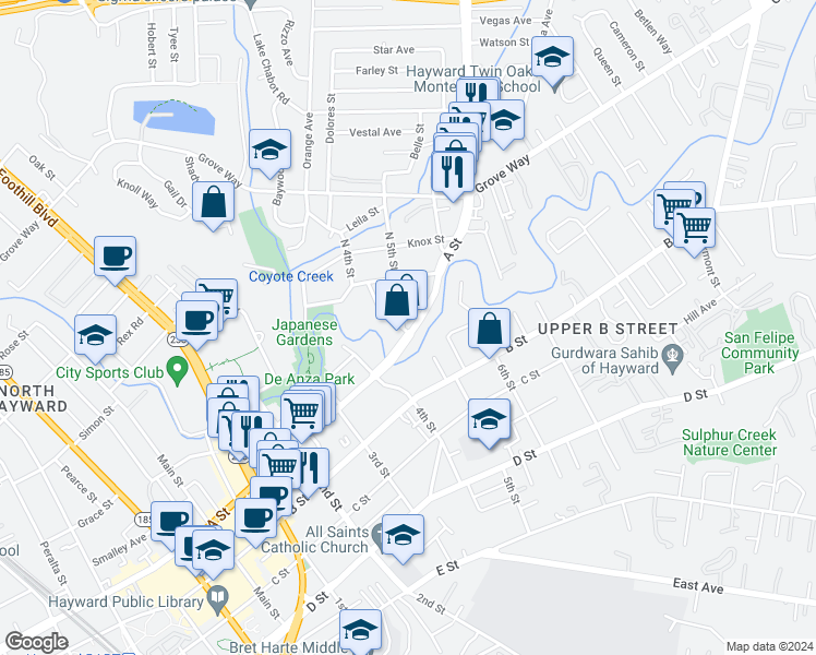 map of restaurants, bars, coffee shops, grocery stores, and more near 1500 A Street in Castro Valley