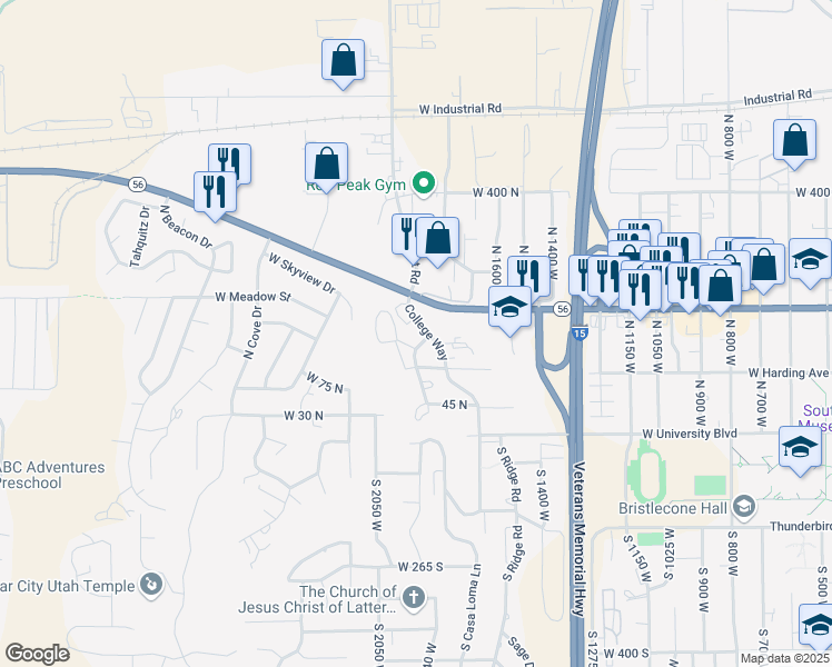 map of restaurants, bars, coffee shops, grocery stores, and more near 165 College Way in Cedar City