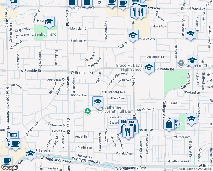 map of restaurants, bars, coffee shops, grocery stores, and more near 2704 Rockwood Place in Modesto